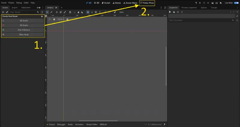 Create root node and open the Tinker Flow tab